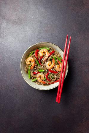 Soba noodles with shrimp, pepper and green beans. Japanese food. Asian food