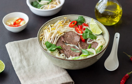 Pho Bo vietnamese soup with beef. Asian food. national cuisine