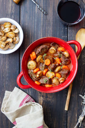 Burgundy beef stewed with potatoes, carrots and champignons French cuisineの写真素材