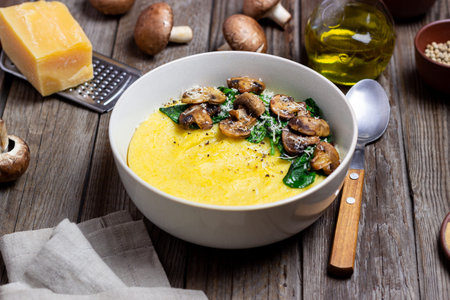 Polenta with mushrooms, spinach and cheese. healthy eating. Vegetarian food. Italian foodの写真素材