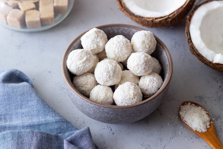 Coconut candy or cookies. Dessert. Coconut. Vegetarian food