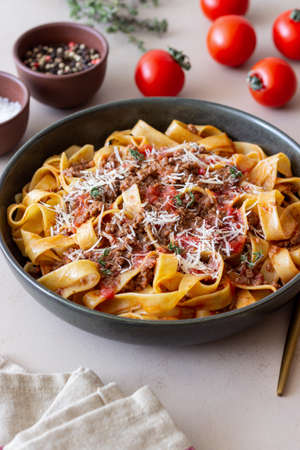 Pasta tagliatelle with bolognese sauce. Italian food. traditional recipeの写真素材