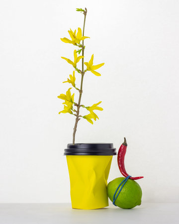 Still life with a flower, plastic cup, lime and pepper on a white background. minimalism