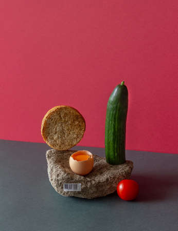 Bread, egg, tomato and cucumber on the stone. Breakfast. healthy eatingの写真素材