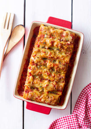 Cannelloni with meat, cheese, tomatoes and thyme. Italian foodの写真素材