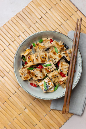 Tofu in teriyaki sauce with green onions, chili peppers and sesame. Asian food. Vegetarian food....