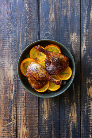 Baked duck legs with oranges and rosemary. rustic styleの写真素材