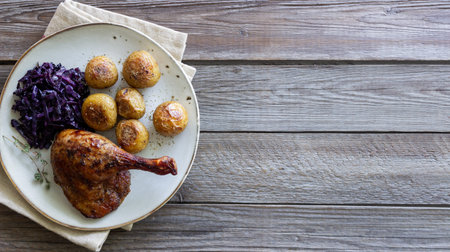 Baked duck leg with potatoes and red cabbage