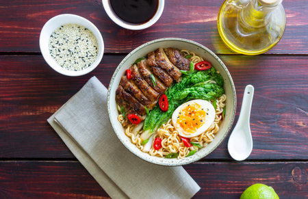 Ramen soup with duck, noodles, cabbage, pepper and egg. Asian food