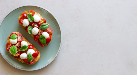 Bruschetta with mozzarella, tomatoes and basil. Vegetarian food. healthy eatingの写真素材