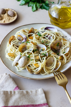Pasta with clams Spaghetti alle Vongole. Italian foodの写真素材