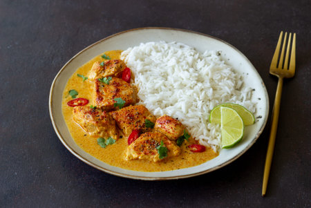 Chicken tikka masala curry with rice, herbs and peppers. Indian food. National cuisine