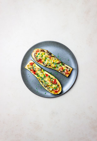 Zucchini stuffed with mushrooms, tomatoes and cheese. healthy eating. Vegetarian food.の写真素材