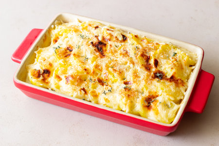 Potato casserole with cheese and cream. Vegetarian food. french food. Gratin dauphinoisの写真素材