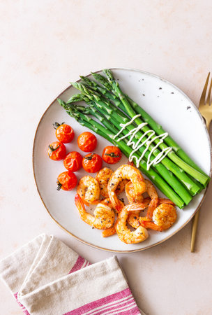 Fried shrimp with asparagus and tomatoes. healthy eating. Dietの写真素材