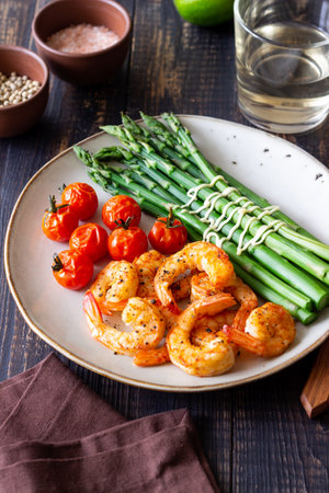 Fried shrimp with asparagus and tomatoes. healthy eating. Dietの写真素材