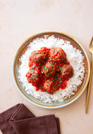 Rice with meatballs in tomato sauce. Italian foodの写真素材