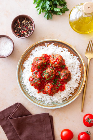 Rice with meatballs in tomato sauce. Italian foodの写真素材