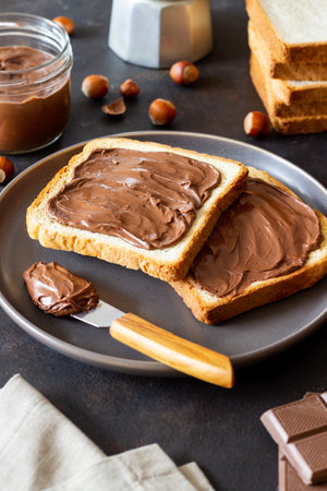 Sandwich with chocolate paste. Breakfast. Vegetarian foodの写真素材