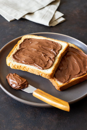 Sandwich with chocolate paste. Breakfast. Vegetarian foodの写真素材