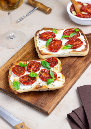 Ciabatta with sun-dried tomatoes, white cheese and basil. Italian food. Vegetarian foodの写真素材