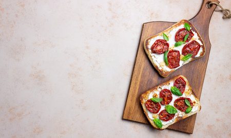 Ciabatta with sun-dried tomatoes, white cheese and basil. Italian food. Vegetarian foodの写真素材