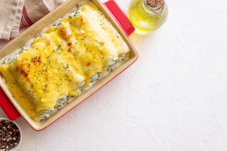 Italian cannelloni with cheese and spinach. Italian food. Vegetarian foodの写真素材