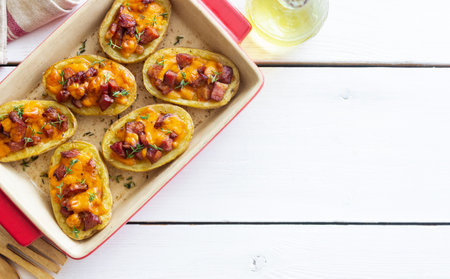 Baked potatoes with bacon, cheese and thyme. Homemade foodの写真素材