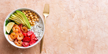 Bowl with rice, shrimp, avocado, tomato, chickpeas and lime. Healthy eating. Dietの写真素材