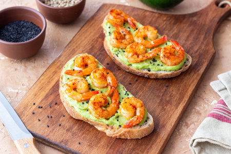 Sandwiches with shrimp and guacamole. Healthy eating. Diet. Breakfastの写真素材