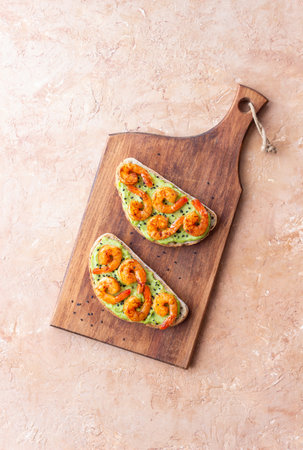 Sandwiches with shrimp and guacamole. Healthy eating. Diet. Breakfastの写真素材