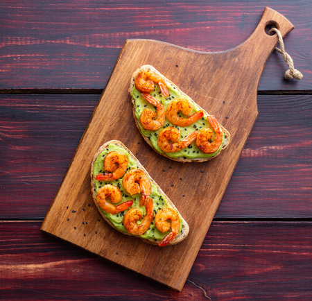 Sandwiches with shrimp and guacamole. Healthy eating. Diet. Breakfastの写真素材