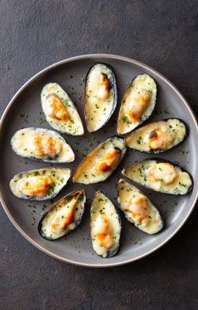 Baked mussels with cheese and herbs. Seafood. Healthy eating