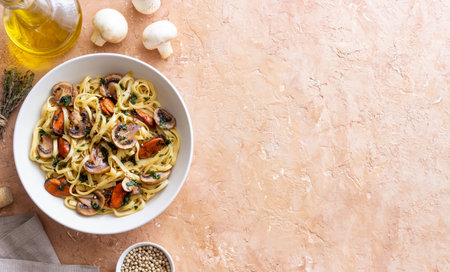 Tagliatelle pasta with mussels and mushrooms. Italian cuisine. Seafood.の写真素材