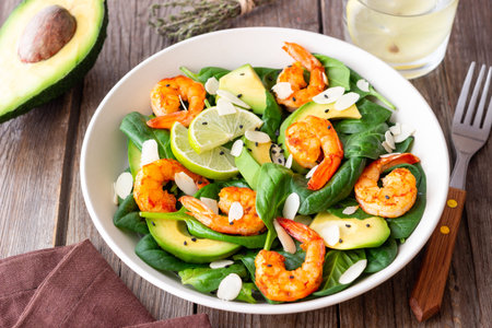 Salad with shrimps, avocado, spinach and almonds. Healthy eating. Dietの写真素材