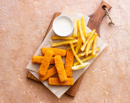 Fish fingers with French fries and white sauce. Seafood. Fish and chipsの写真素材