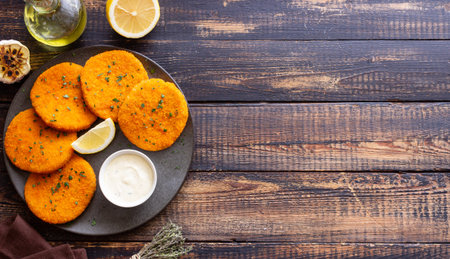 Fish cakes with white sauce and lemon. Seafood. Healthy eating