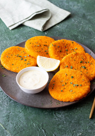 Fish cakes with white sauce and lemon. Seafood. Healthy eating