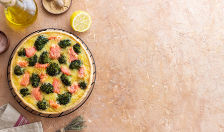 Quiche or pie with salmon and broccoli. French cuisineの写真素材