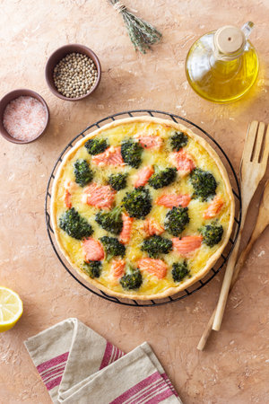 Quiche or pie with salmon and broccoli. French cuisineの写真素材