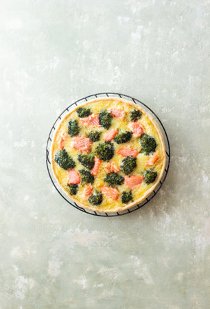 Quiche or pie with salmon and broccoli. French cuisineの写真素材