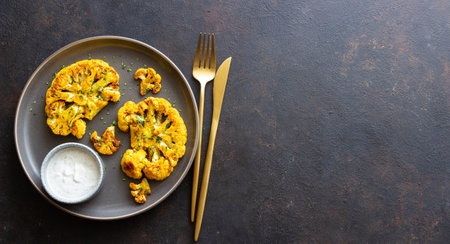 Cauliflower steaks with white sauce. Healthy eating. Vegetarian foodの写真素材