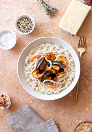 Risotto with mussels, shrimps and squid. Italian cuisine. Seafoodの写真素材