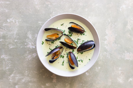 Creamy mussels soup. Seafood. Chowder. Healthy eatingの写真素材