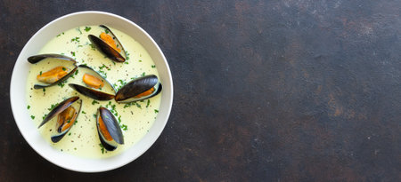 Creamy mussels soup. Seafood. Chowder. Healthy eatingの写真素材