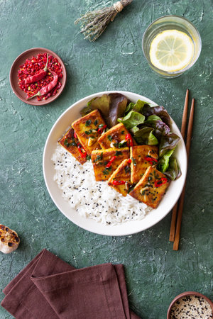 Fried tofu with rice and salad. Vegetarian food. Healthy eating. Dietの写真素材