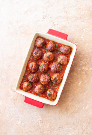 Meatballs in tomato sauce with herbs. Paste. Italian Cuisineの写真素材