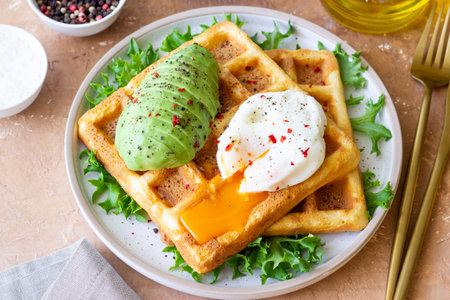 Belgian waffles with avocado and poached egg. Healthy eating. Vegetarian food. Breakfastの写真素材