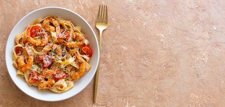 Pasta with shrimps, tomatoes and cheese. Healthy eating. Italian foodの写真素材