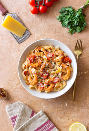 Pasta with shrimps, tomatoes and cheese. Healthy eating. Italian foodの写真素材